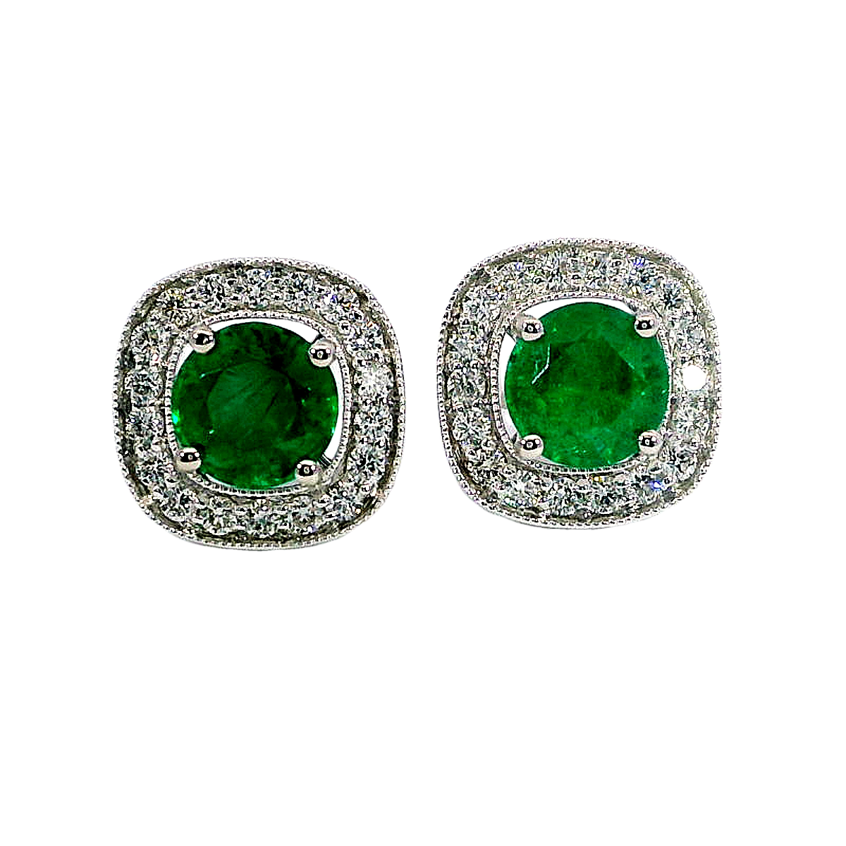 1.88 Carat Natural Emeralds and Diamonds Halo Enhancer Stud Earrings 18K W/G