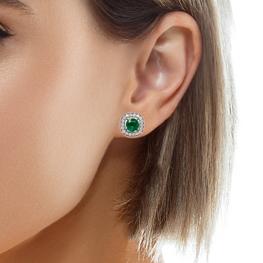 1.88 CT Green Natural Emerald Stud Earring in Single Halo Set
