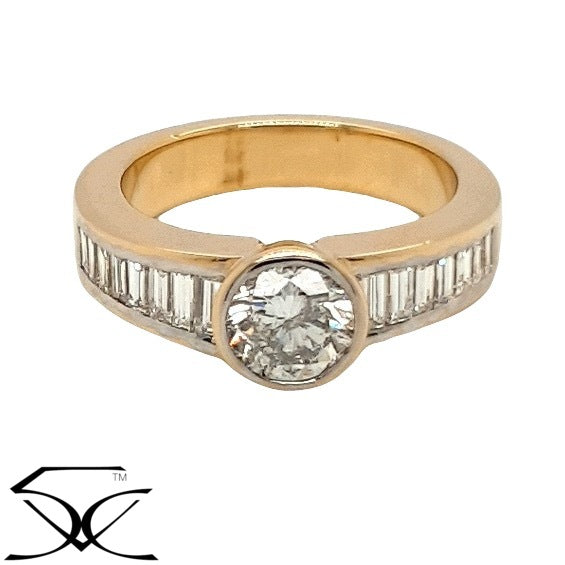 1.82 CT Bezel Set Round Diamond Engagement Ring with Baguettes