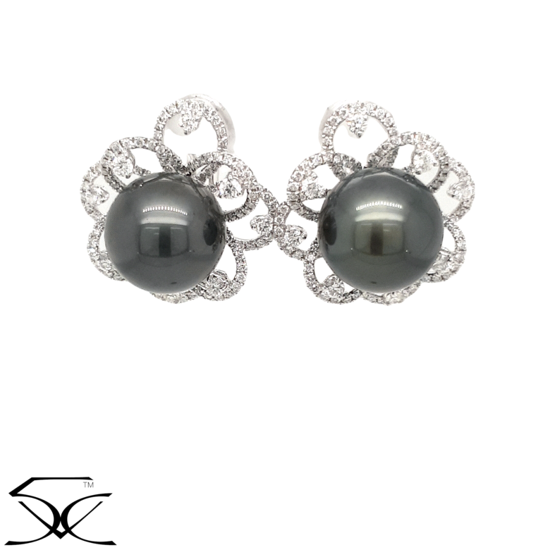 12.50 MM Tahitian Cultured Pearl Earring With 1.80 CT Diamond Flower Accent
