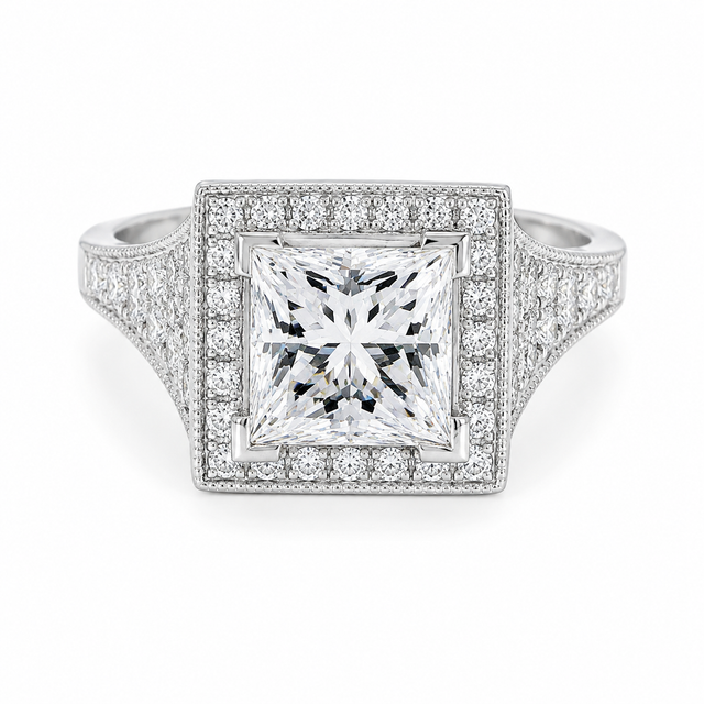 1.86 CT D-F/VVS-VS LG Diamond Halo With Mill Grain Engagement Ring