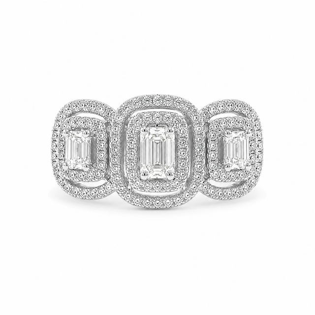 1.99 CT F-G/VS-SI1 Three Double-Halo Natural Diamond Ring