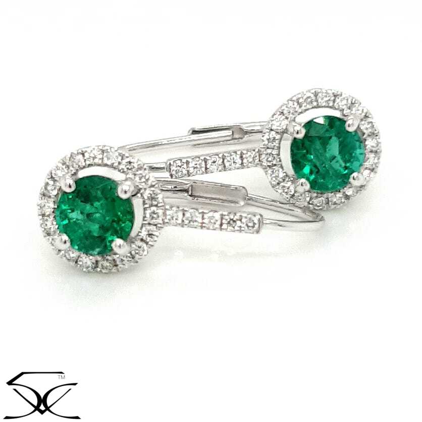 1.32 CT Natural Emerald and Diamond Single Halo Dangle Drop Lever Back Earring