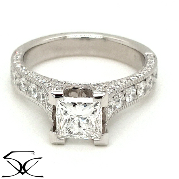 2.22 CT Princess Cut Bead Setting Diamond Engagement Ring with Mill Grain