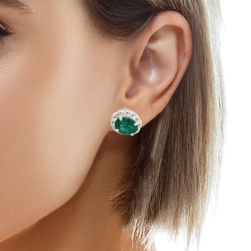 2.82 CT Natural Emerald and Diamond Single Halo Stud Earring