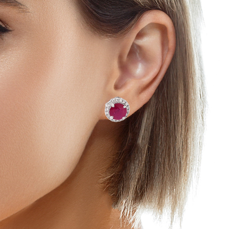 1.23 CT Natural Ruby Single Halo Stud Earring in 18K Gold