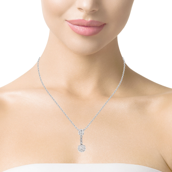 1.18 CT Natural Diamond Cluster Illusion Set Drop Pendant With Chain