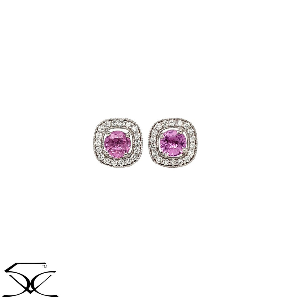 2.42 CT Natural Pink Sapphire Single Halo Earring Set