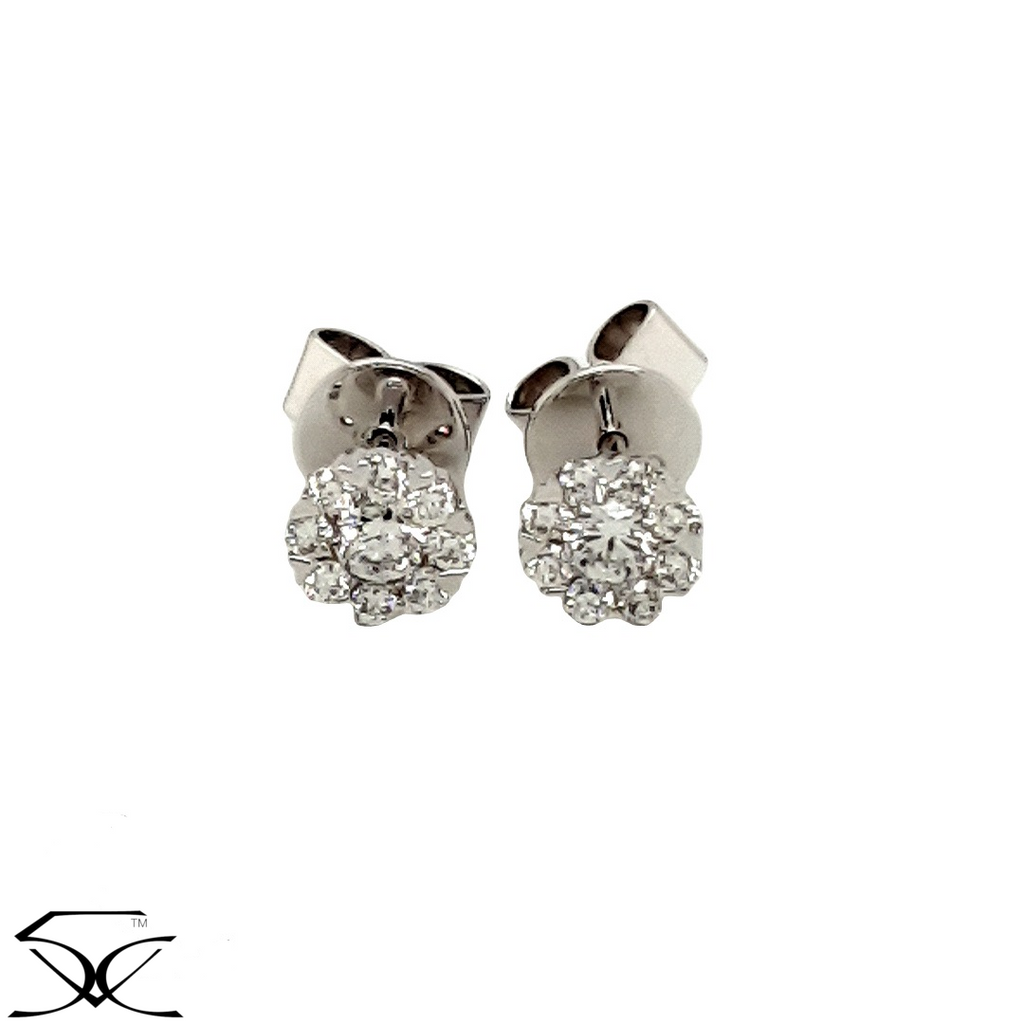 0.45 CT Round Brilliant Diamond Cluster Stud Earrings with Single Halo