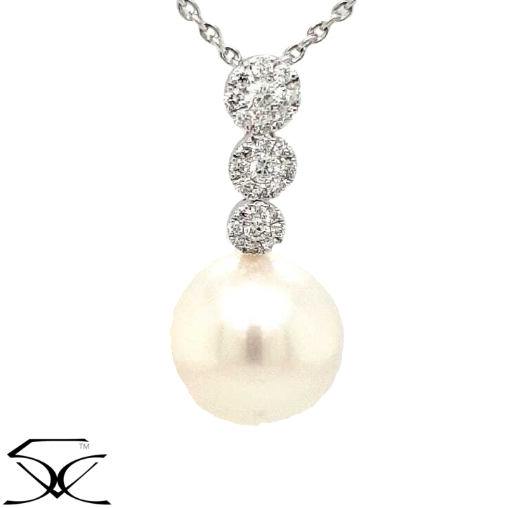 Cultured South Sea Pearl & 0.55 CT Diamond Cluster Drop Pendant Necklace