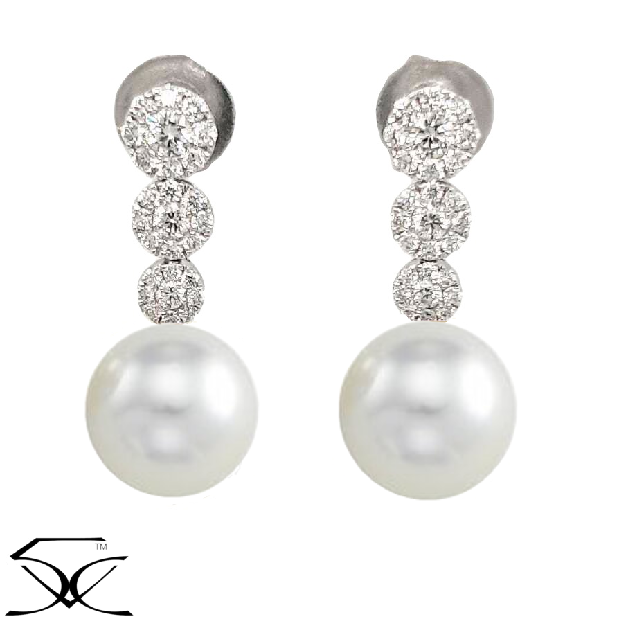 1.10 CT Diamond and Cultured South Sea Pearl Drop Earring with 3 Circle Cluster