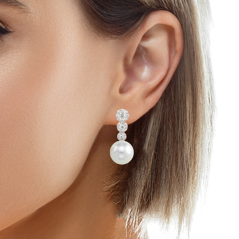 1.10 CT Diamond and Cultured South Sea Pearl Drop Earring with 3 Circle Cluster