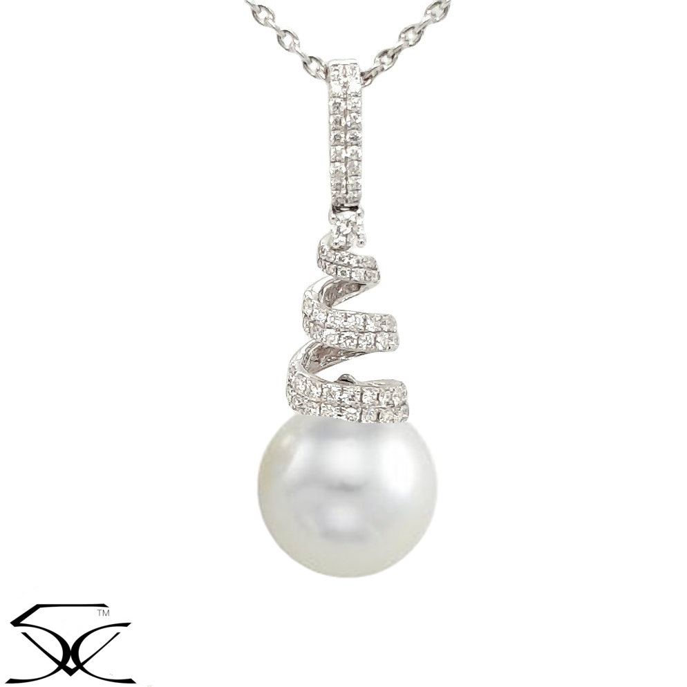 Cultured South Sea Pearl Swirl Pendant Necklace With 0.52 CT Diamond