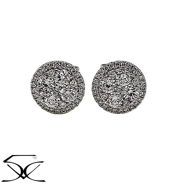 0.98 CT Round Brilliant Diamond Cluster and Illusion Set Stud Earrings