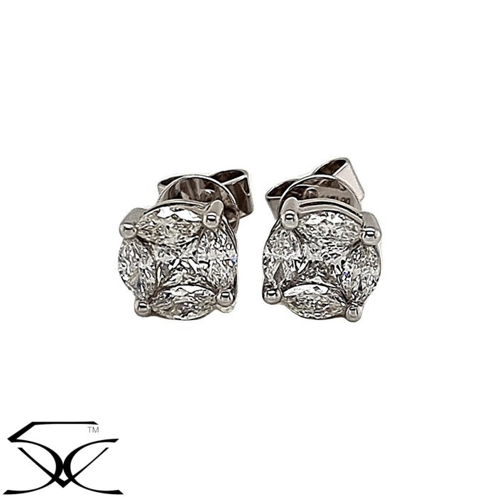 1.08 CT Princess & Marquise Diamond Cluster Illusion Set Stud Earrings